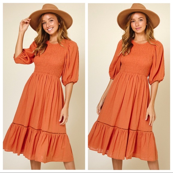 So Pretty Boho Half Puff Sleeve Smocked Front Dress - Picture 2 of 3